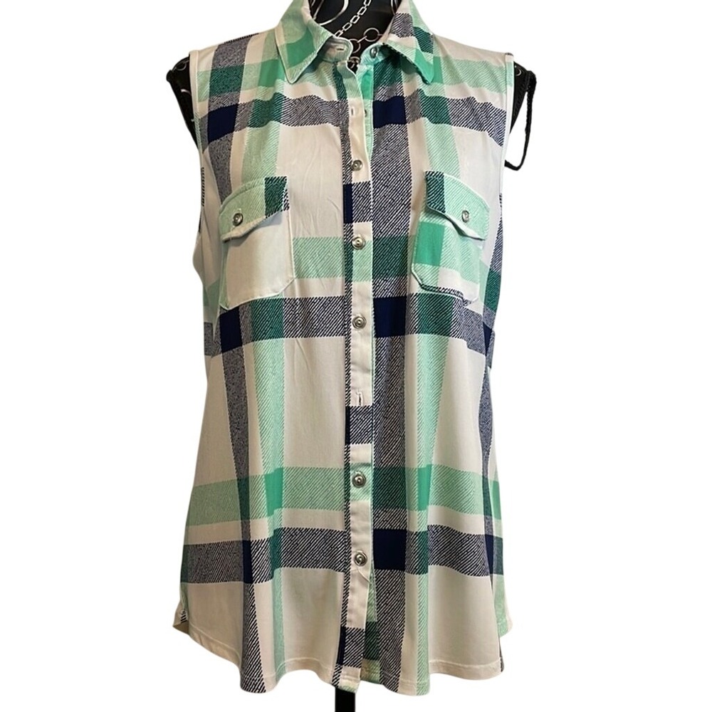 Papermoon‎ Stitch Fix Womens XL Sleeveless Plaid Button Down Shirt Green PT3841